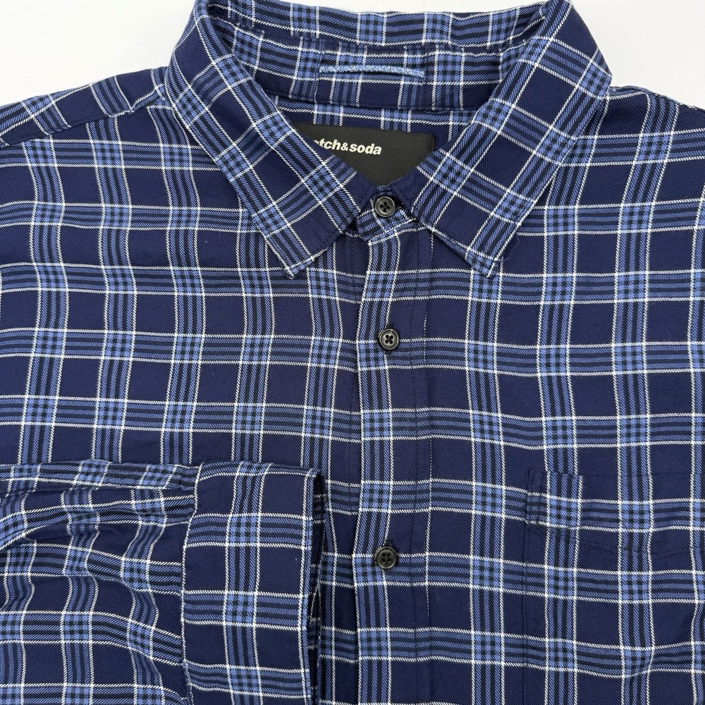 Scotch &‎ Soda Button Down Mens L Navy Blue Plaid Relaxed Modal Shirt 160770-21